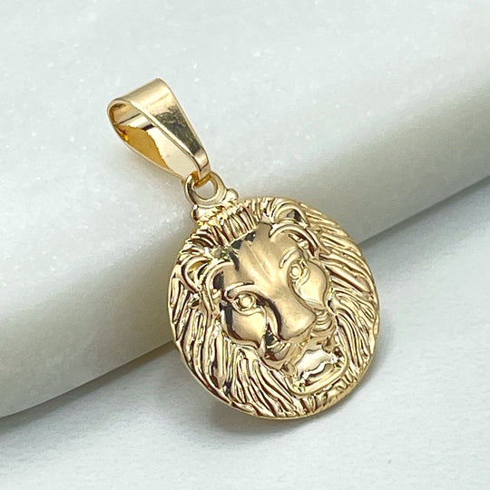 18k Gold Filled Texturized Lion Animal Charm, Lion Head Face Medal Circle Pendant Charm