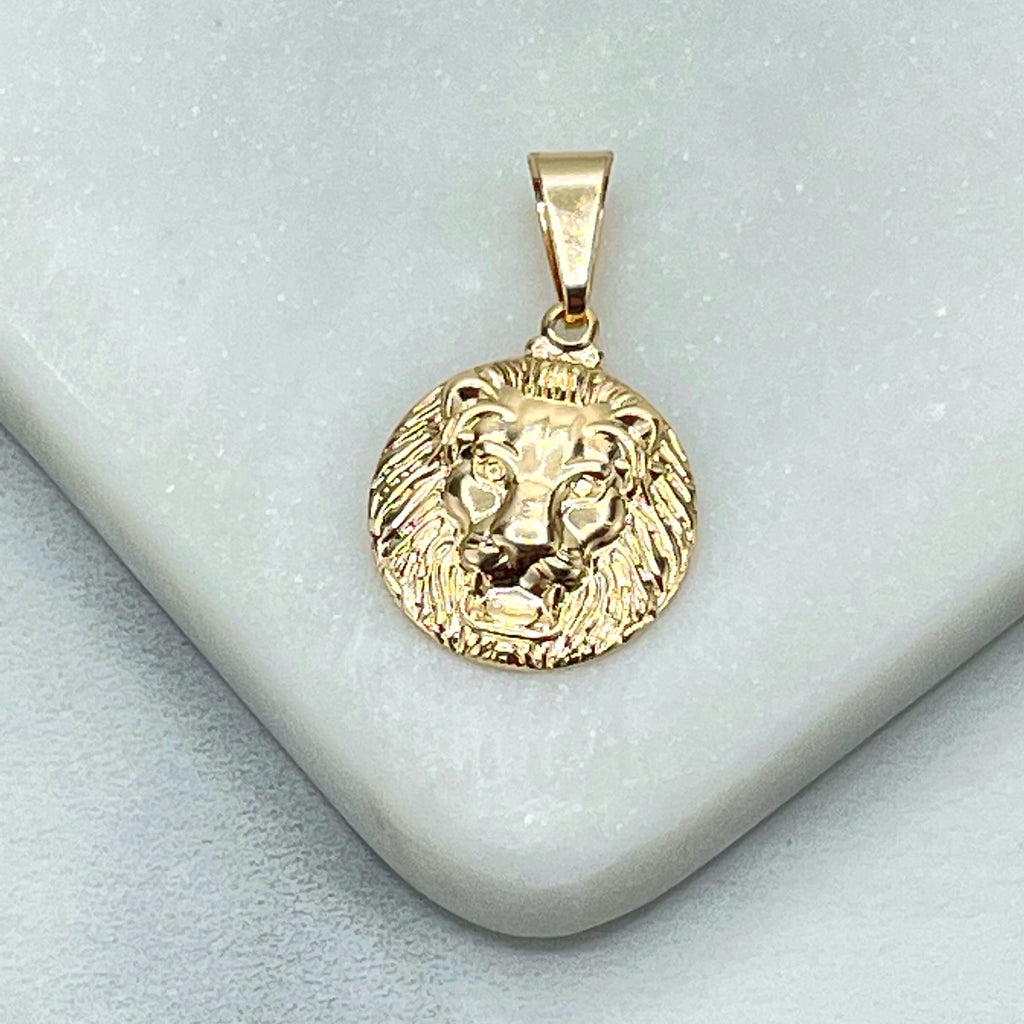 18k Gold Filled Texturized Lion Animal Charm, Lion Head Face Medal Circle Pendant Charm