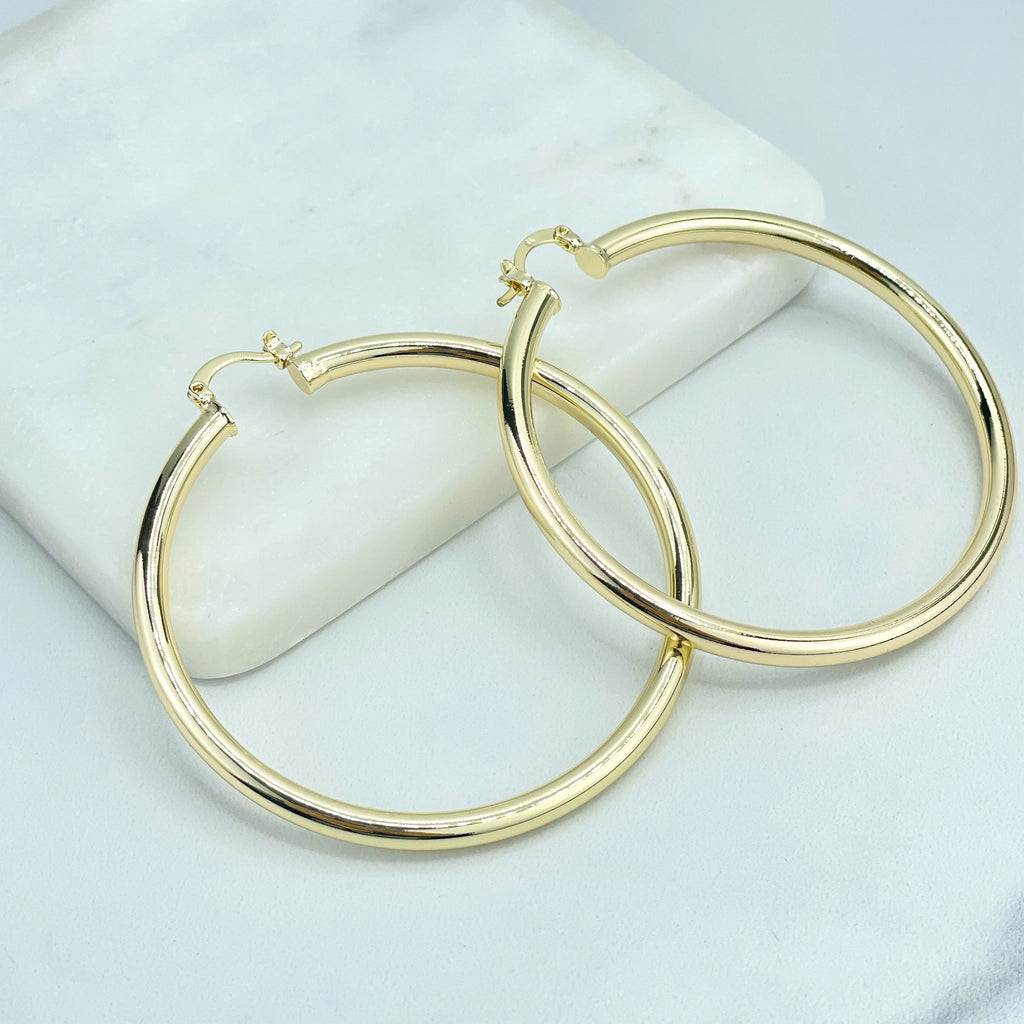 18k Gold Filled 30mm, 40mm, 50mm and 60mm Light Tubular Hoops Earrings, 4mm Thickness, Classic Jewelry