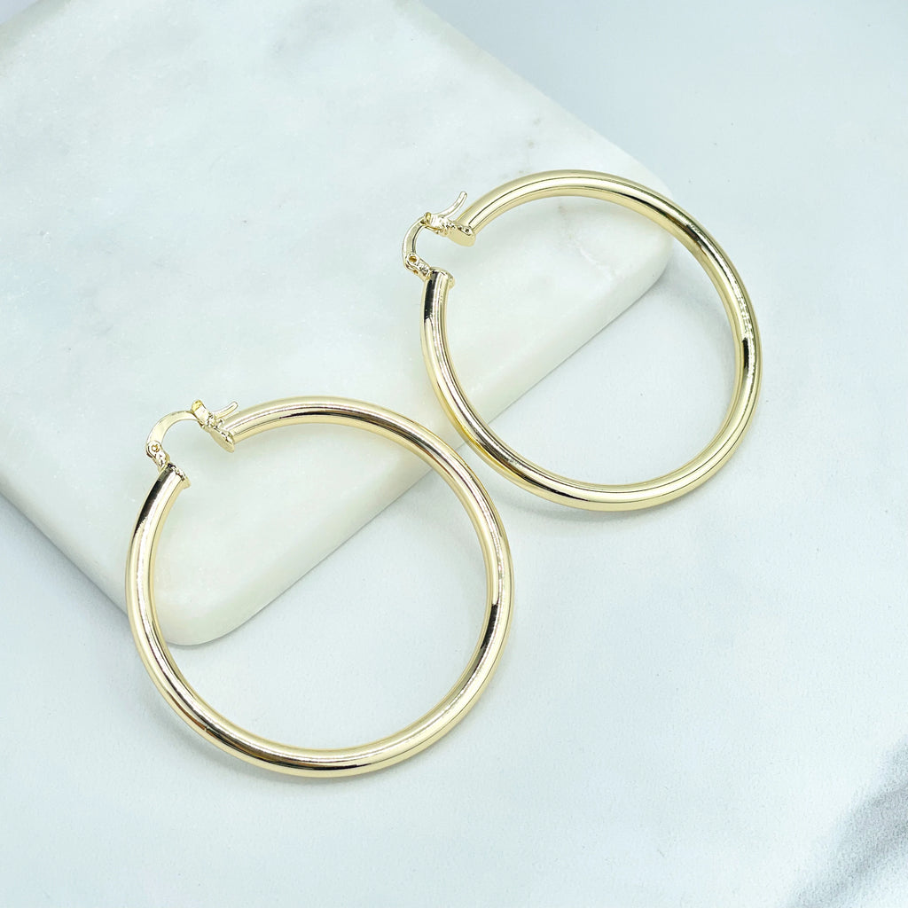 18k Gold Filled 30mm, 40mm, 50mm and 60mm Light Tubular Hoops Earrings, 4mm Thickness, Classic Jewelry