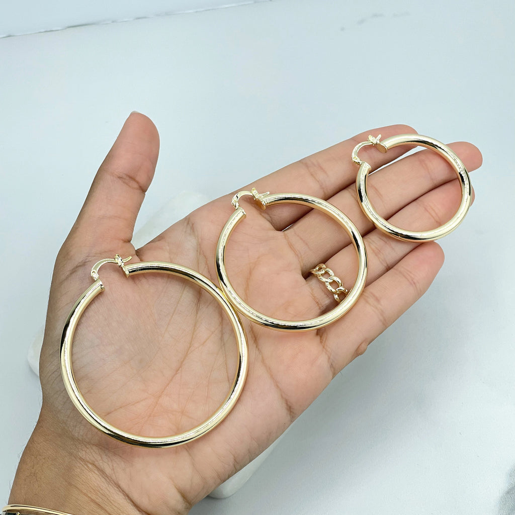 18k Gold Filled 30mm, 40mm, 50mm and 60mm Light Tubular Hoops Earrings, 4mm Thickness, Classic Jewelry