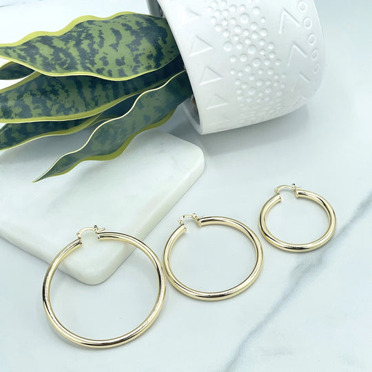 18k Gold Filled 30mm, 40mm, 50mm and 60mm Light Tubular Hoops Earrings, 4mm Thickness, Classic Jewelry
