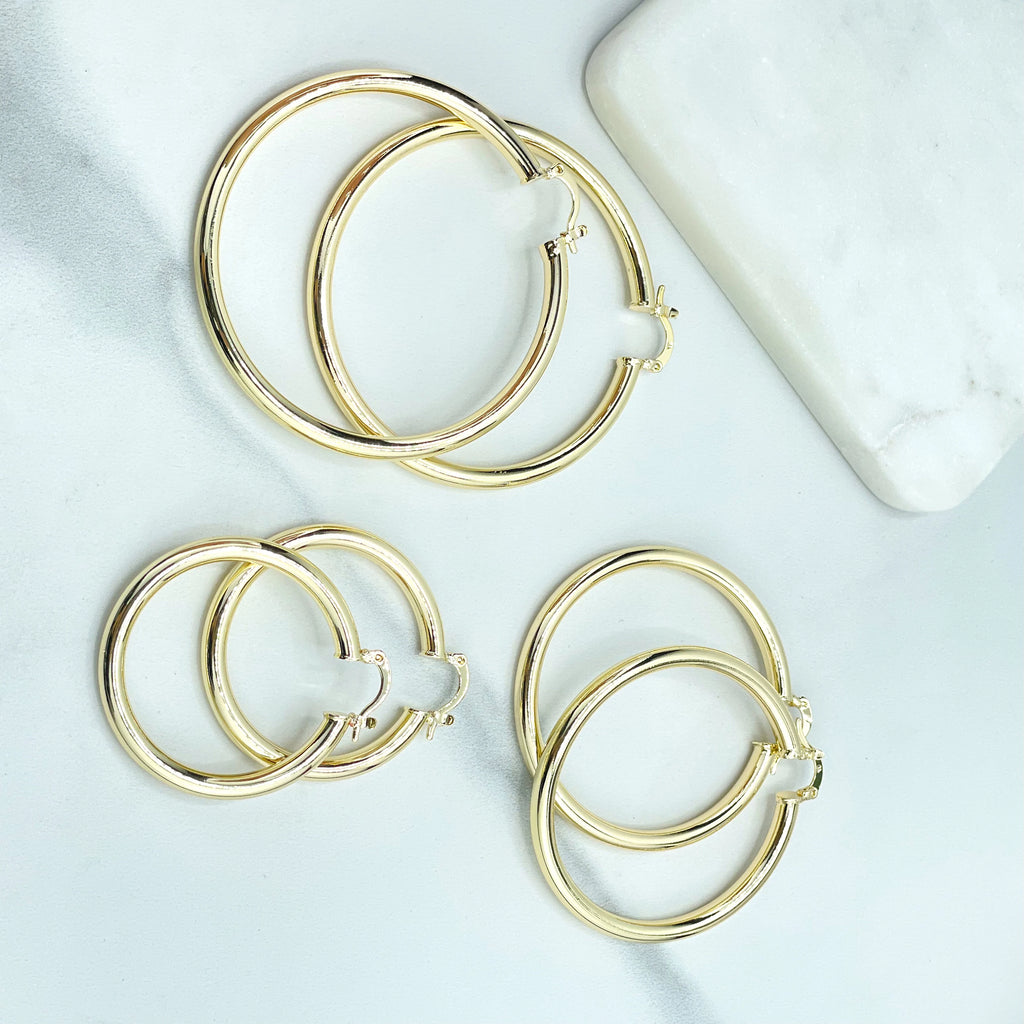 18k Gold Filled 30mm, 40mm, 50mm and 60mm Light Tubular Hoops Earrings, 4mm Thickness, Classic Jewelry