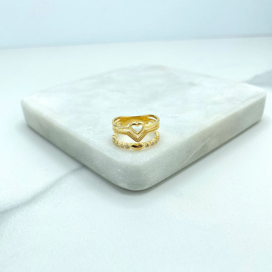 18k Gold Filled Simulated 3 Layers Ring, Heart Style featuring Micro Cubic Zirconia Ring