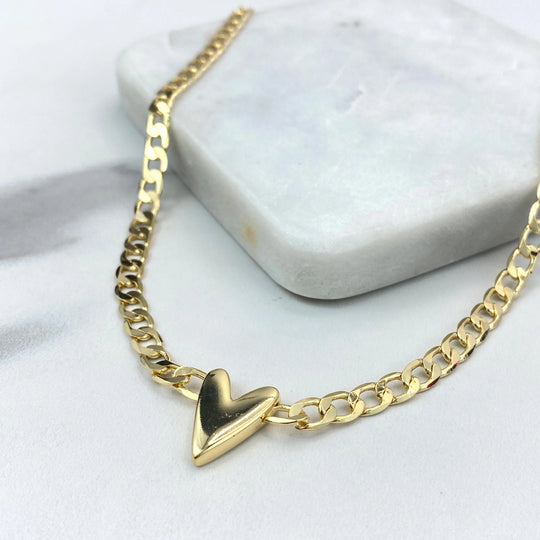 18k Gold Filled 5mm Flat Curb Link Chain Necklace with V-Heart Charm on Center, 18 Inches + Extender