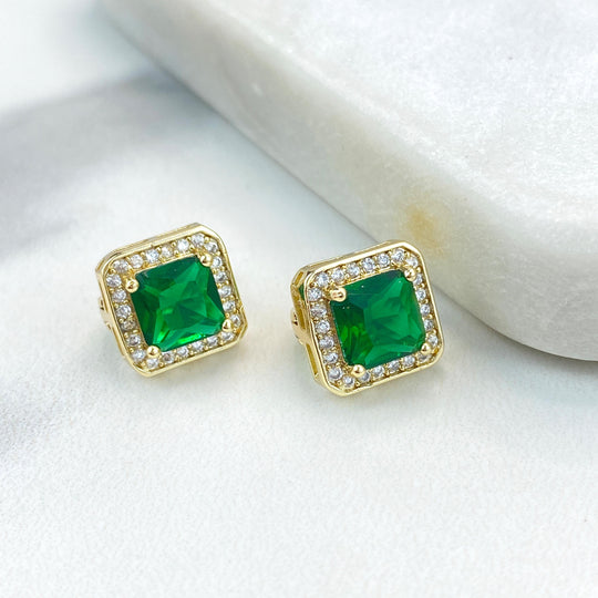18k Gold Filled Halo Square Leverback Earrings featuring Green CZ and White Micro Pave, Elegant and Timeless