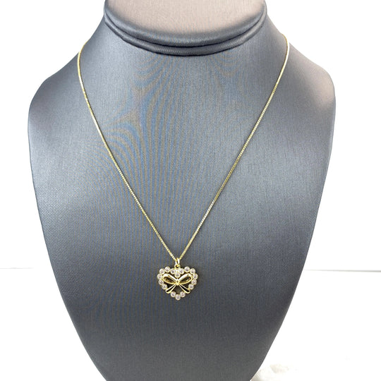 18k Gold Filled Box Chain Necklace with Heart Shape & Ribbon Knot Charm featuring CZ, 17 Inches + Extender
