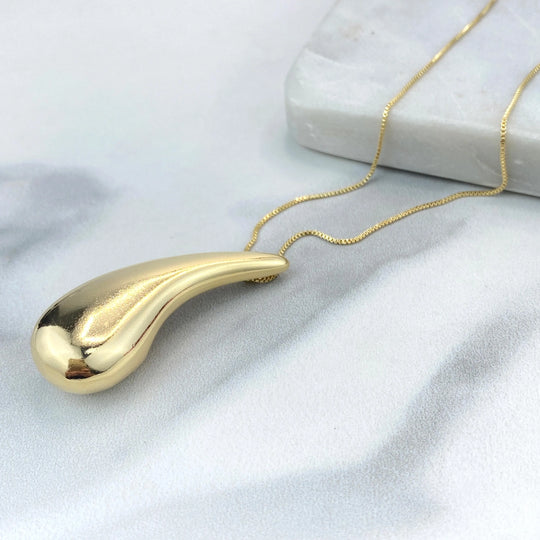 18k Gold Filled 49mm Teardrop Charm Necklace, with 18 Inches Box Chain, Chunky Drop Shape Necklace