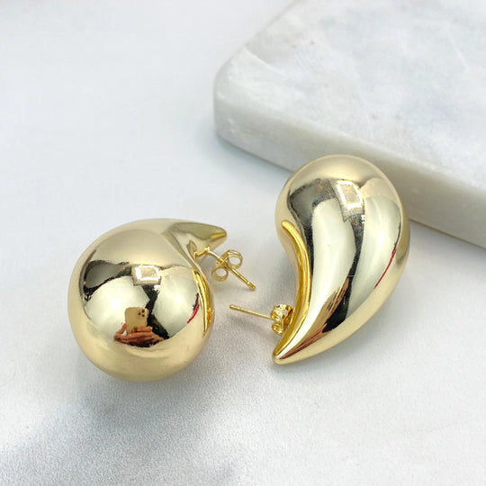 18k Gold Filled Gold Dome Earrings, 43mm Chunky Vintage Drop Shape Earrings, Teardrop Puffed Earrings