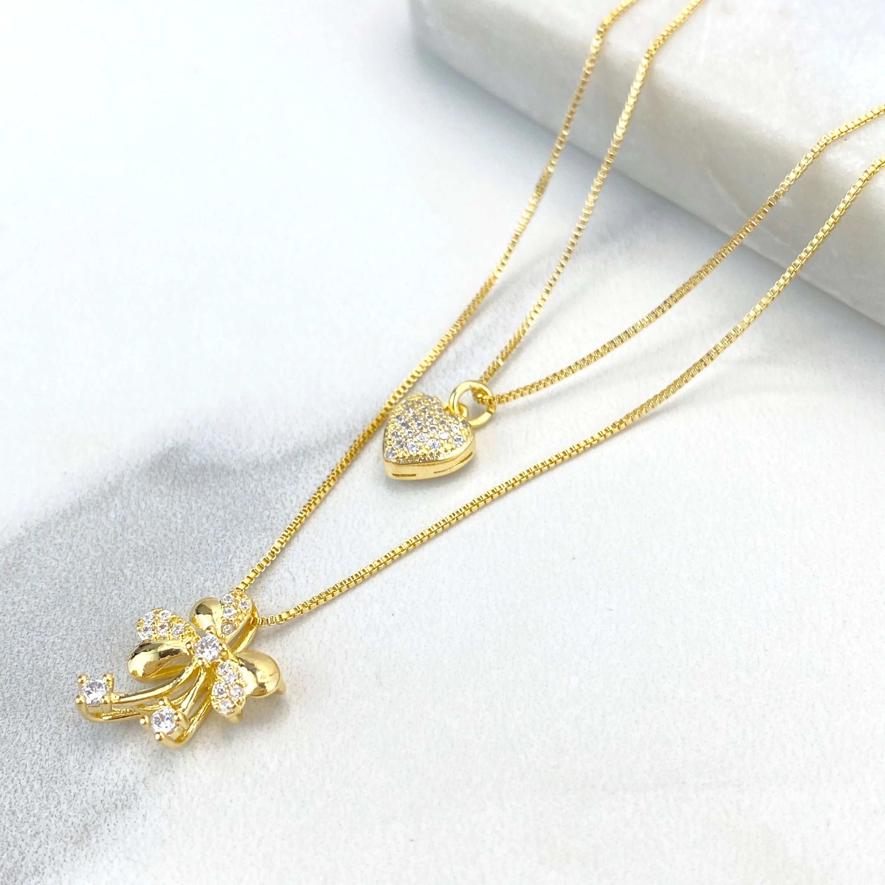 18k Gold Filled Double Necklace with Heart Ribbon Bow Charm featuring Micro Pave, 17 inches and 19 Inches Long