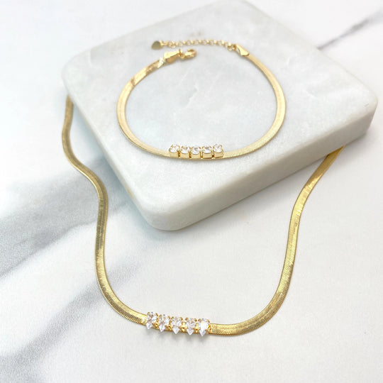 18k Gold Filled 3mm Herringbone Snake Chain with White CZ Details, Necklace or Bracelet with Extender