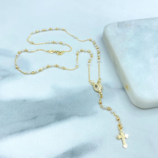 18k Gold Filled Simulated Pearls and Gold Beads Rosary with Miraculous Virgin Charm, Christian Catholic Rosary