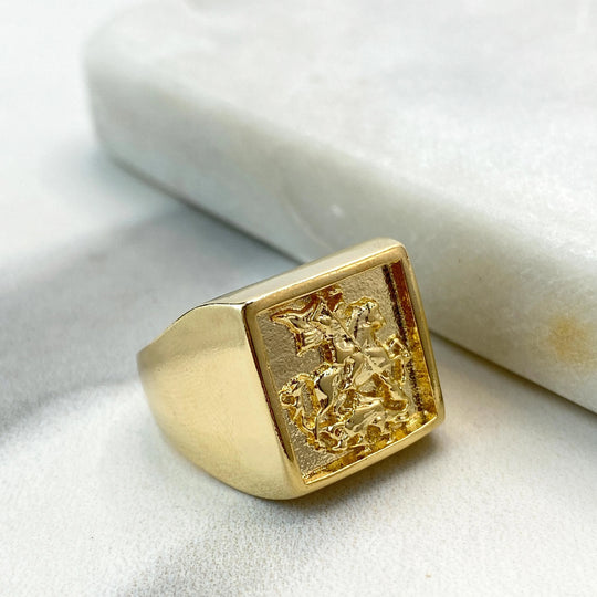 18k Gold Filled Saint George Slaying the Dragon Signet Ring, European Vintage Medieval, Men's Pinky Ring