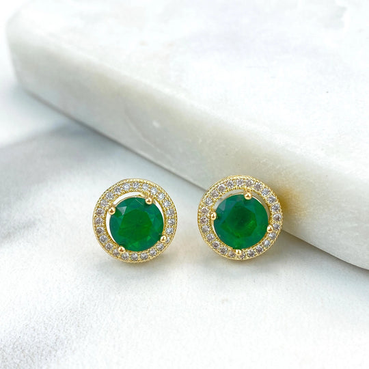 18k Gold Filled Halo Circle Stud Earrings featuring Green CZ and White Micro Pave, Elegant and Timeless