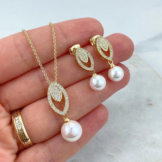 18k Gold Filled Delicate Set featuring a Marian design with Micro CZ and Dangle Simulated Pearls