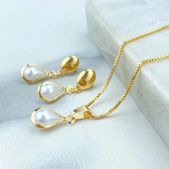 18k Gold Filled Elegant Set featuring Teardrop Shaped Pearl details, Teardrop Shape Pearl Necklace & Drop Earrings