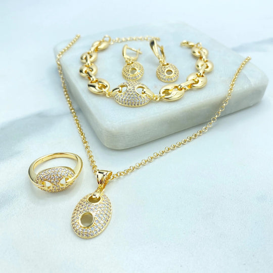 18k Gold Filled Mariner Anchor Set or Ring, Chunky Link Mariner Set with Micro CZ, Necklace, Bracelet, Earrings Set or Ring