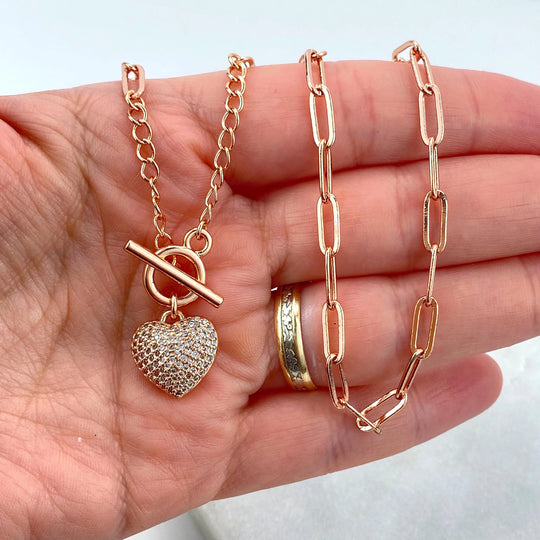 Rose Gold Filled Paperclip Necklace with Pave Heart Charm & Toggle Clasp, Rose Gold Dainty Layering Chain