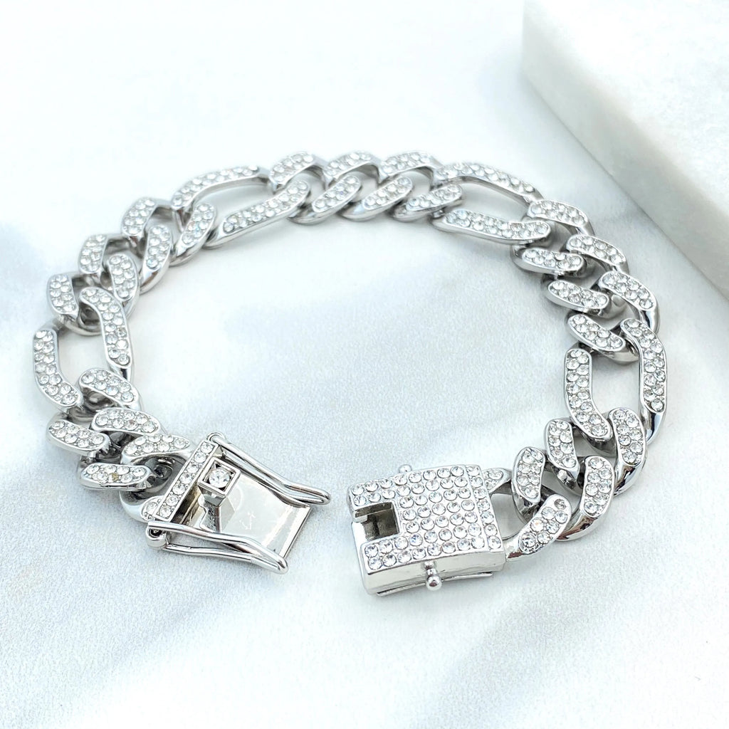 14k Gold Filled or Silver Filled, 13mm Iced Figaro Chain Bracelet, Double Safety Lock Box CZ, 8.5 Inches