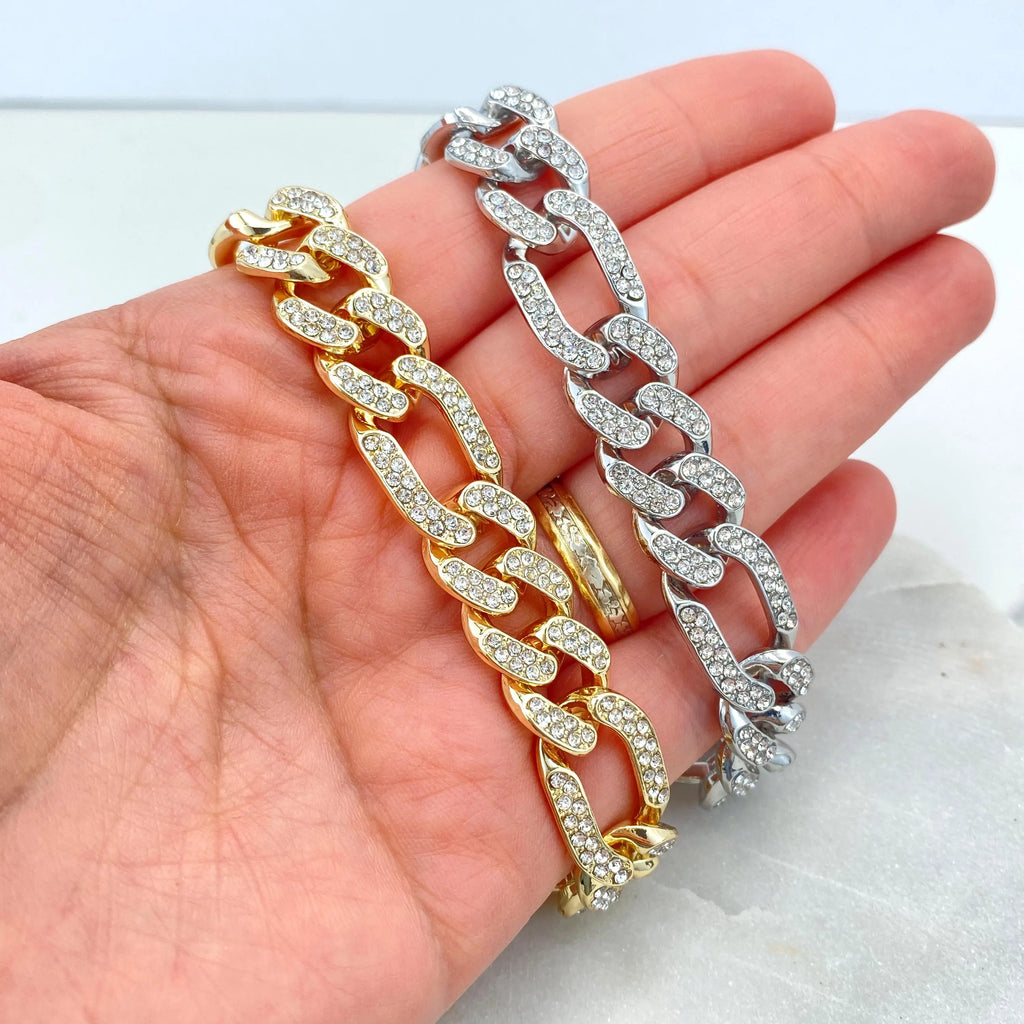 14k Gold Filled or Silver Filled, 13mm Iced Figaro Chain Bracelet, Double Safety Lock Box CZ, 8.5 Inches