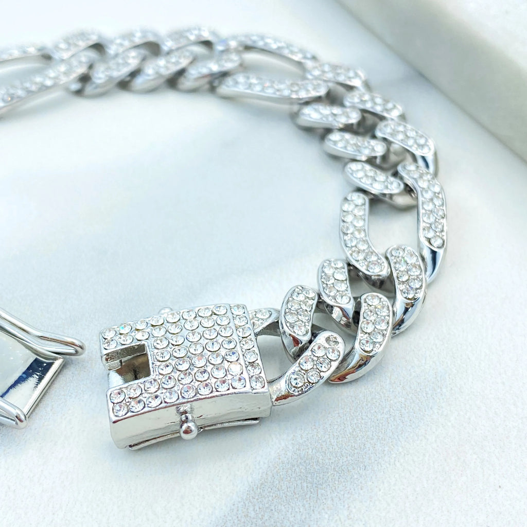 14k Gold Filled or Silver Filled, 13mm Iced Figaro Chain Bracelet, Double Safety Lock Box CZ, 8.5 Inches