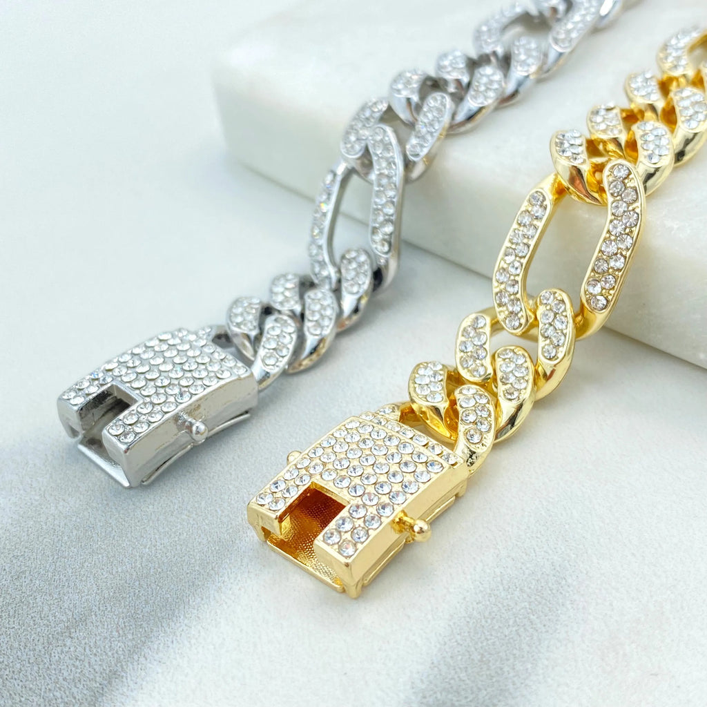 14k Gold Filled or Silver Filled, 13mm Iced Figaro Chain Bracelet, Double Safety Lock Box CZ, 8.5 Inches