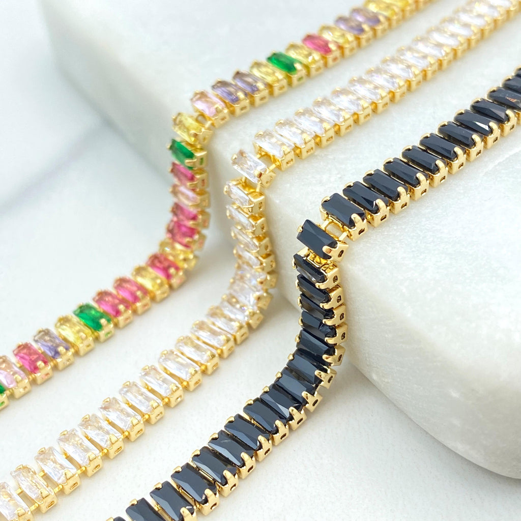 18k Gold Filled White Clear or Rainbow Colored Cubic Zirconia Baguette Cut Bracelet, Wholesale Jewelry Making Supplies