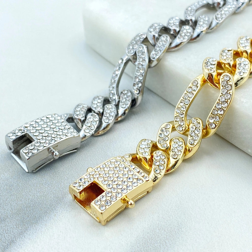 14k Gold Filled or Silver Filled, 13mm Iced Figaro Chain Bracelet, Double Safety Lock Box CZ, 8.5 Inches