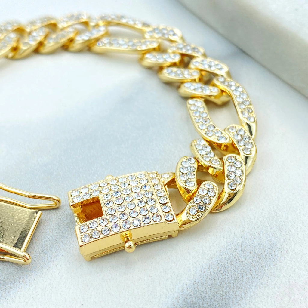 14k Gold Filled or Silver Filled, 13mm Iced Figaro Chain Bracelet, Double Safety Lock Box CZ, 8.5 Inches