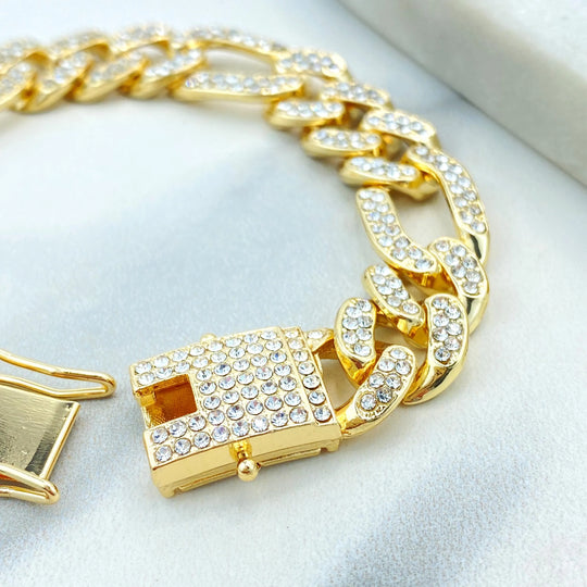 14k Gold Filled or Silver Filled, 13mm Iced Figaro Chain Bracelet, Double Safety Lock Box CZ, 8.5 Inches