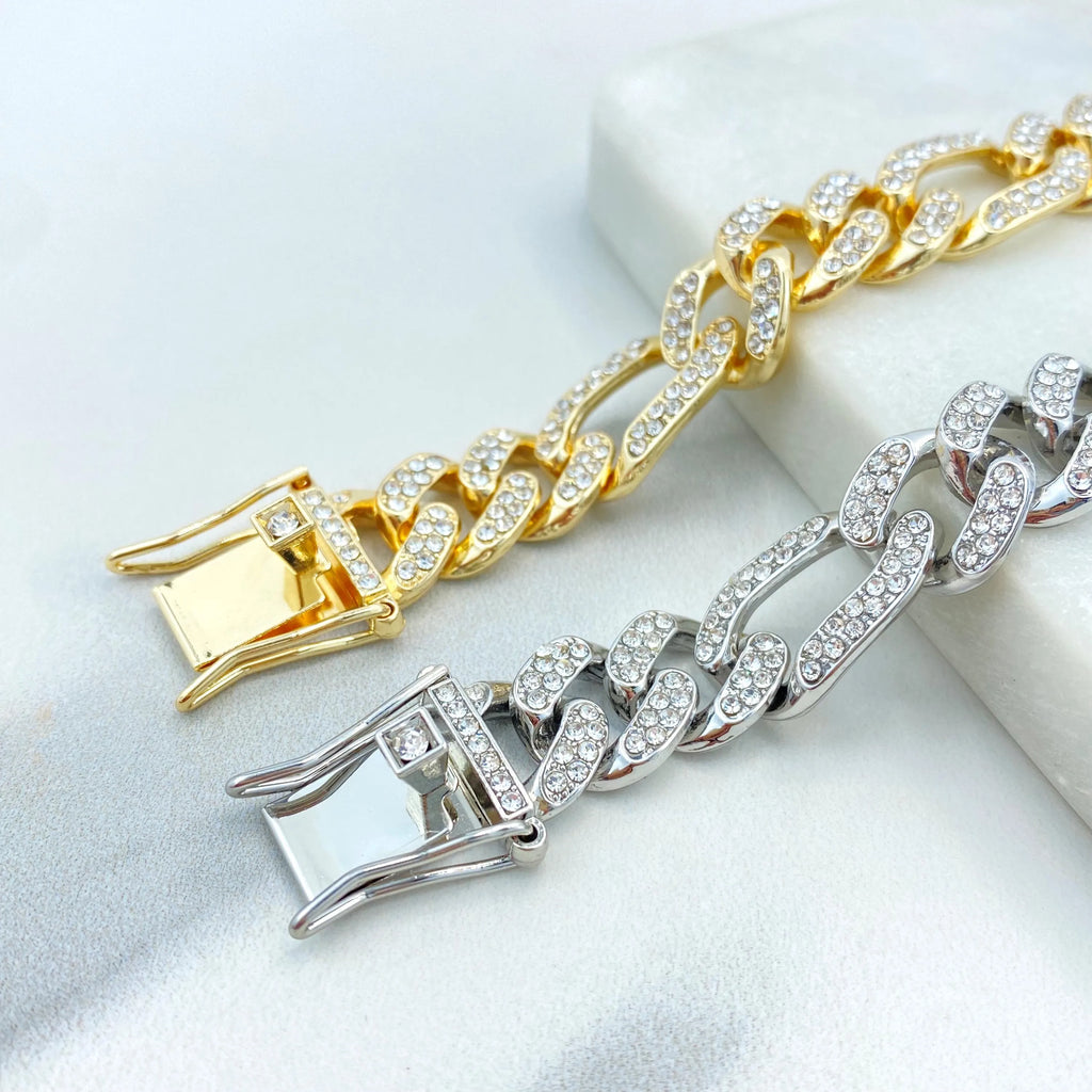 14k Gold Filled or Silver Filled, 13mm Iced Figaro Chain Bracelet, Double Safety Lock Box CZ, 8.5 Inches