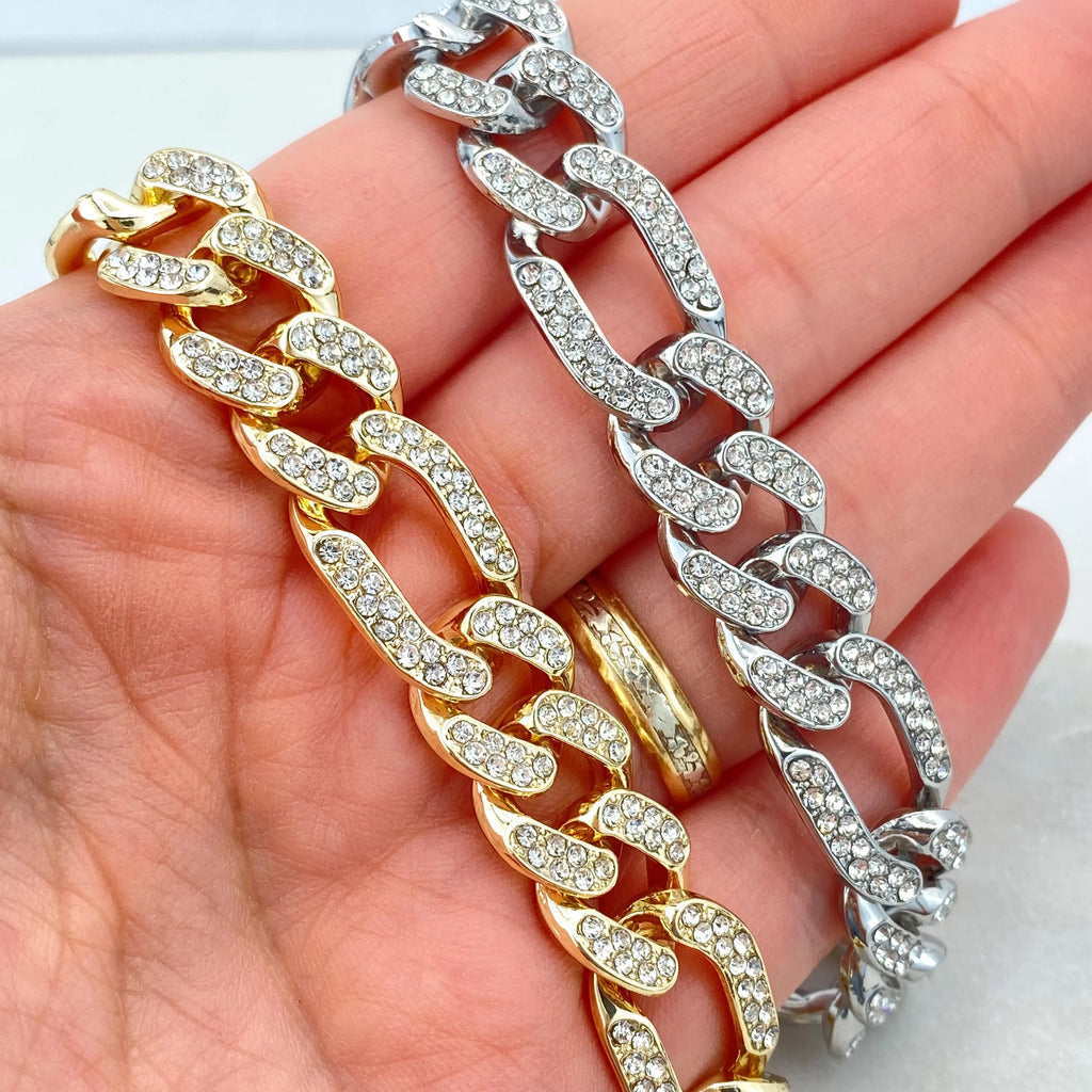 14k Gold Filled or Silver Filled, 13mm Iced Figaro Chain Bracelet, Double Safety Lock Box CZ, 8.5 Inches