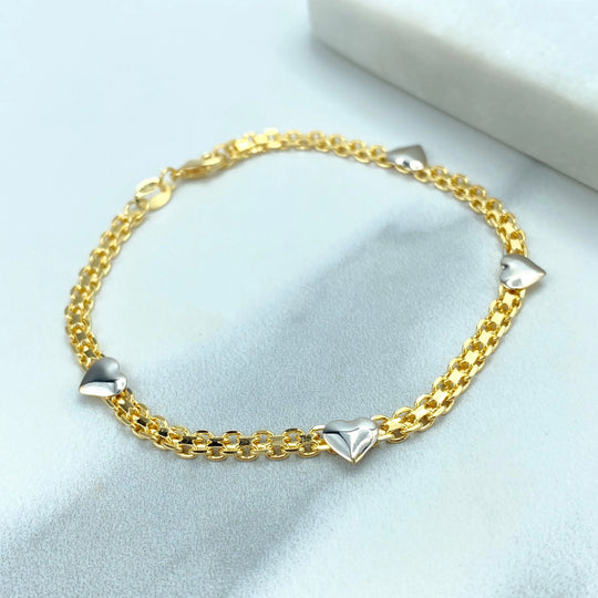 18k Gold Filled 3mm Box Chain Style with Hearts Shape Charms Linked Bracelet, Two Tone Linked Heart Bracelet