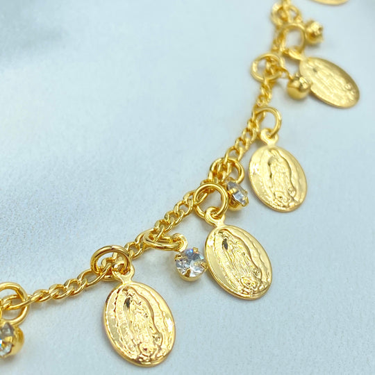 18k Gold Filled Our Lady Of Guadalupe Bracelet, Dangle Medal Virgen De Guadalupe Charm with CZ Bracelet
