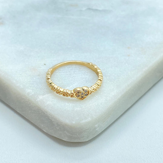 18k Gold Filled Micro CZ Heart Textured Bubble Band Ring, Pave Heart Stackable Ring, Minimalist Heart Ring