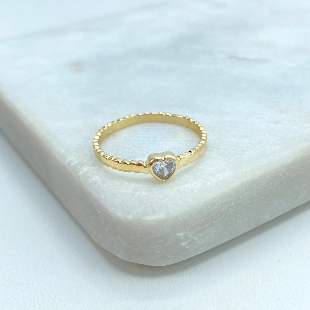18k Gold Filled Micro CZ Heart Textured Band Ring, Pave Heart Stackable Ring, Minimalist Heart Ring
