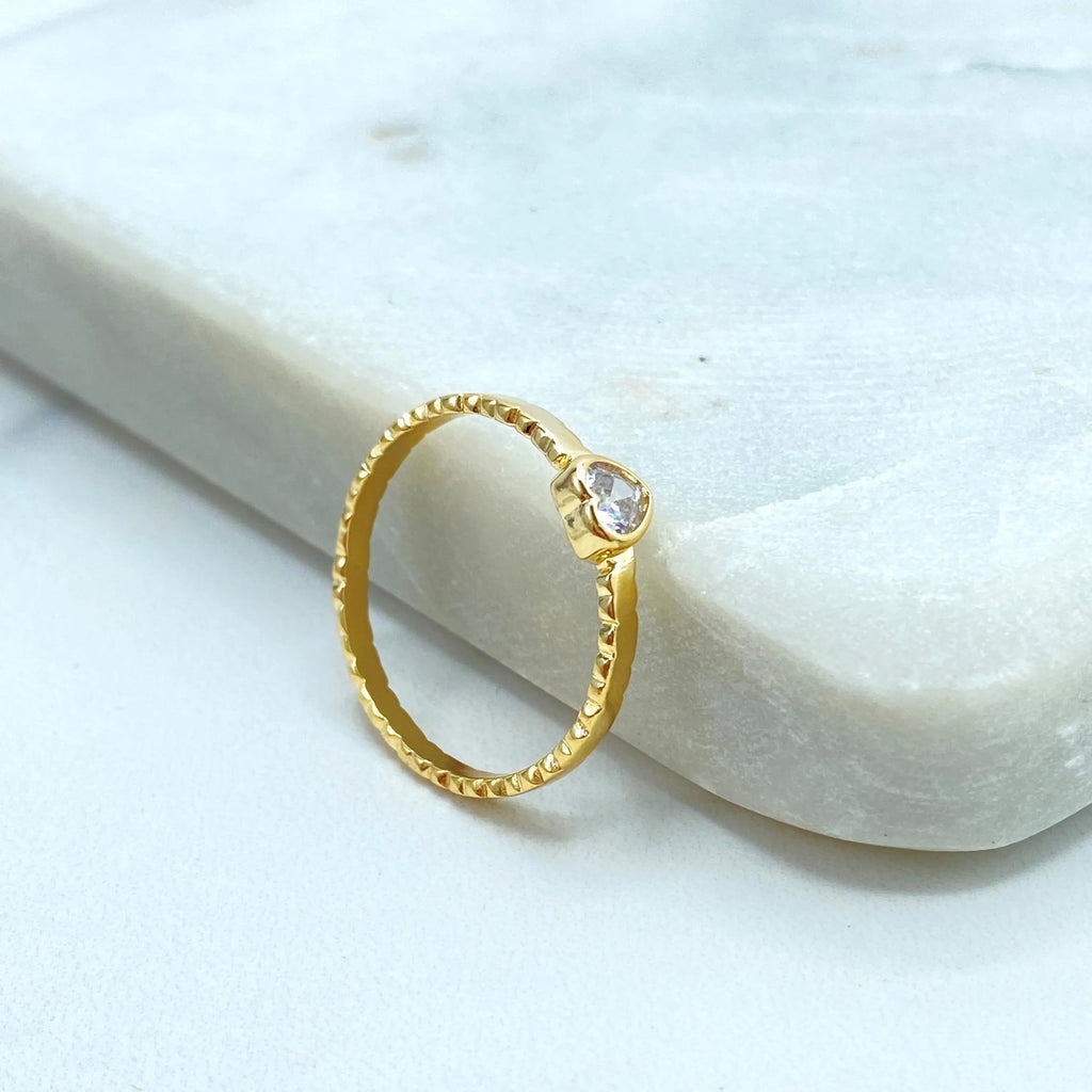 18k Gold Filled Micro CZ Heart Textured Band Ring, Pave Heart Stackable Ring, Minimalist Heart Ring