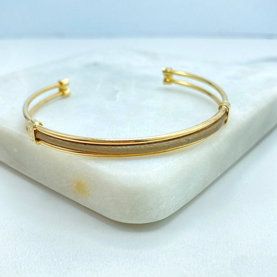 18k Gold Filled Cuff Bracelet with Beige Front Detail, Double Line Design, Adjustable Bangle, Cuff
