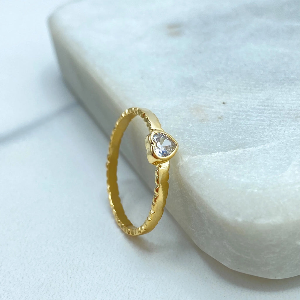 18k Gold Filled Micro CZ Heart Textured Band Ring, Pave Heart Stackable Ring, Minimalist Heart Ring