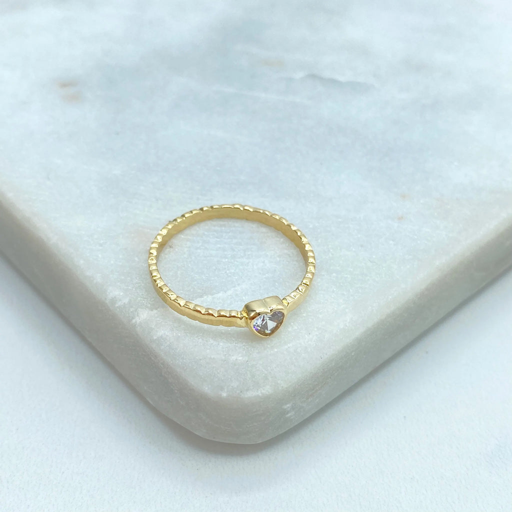 18k Gold Filled Micro CZ Heart Textured Band Ring, Pave Heart Stackable Ring, Minimalist Heart Ring