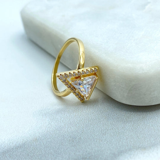 18k Gold Filled Triangle Ring featuring Pave Setting & Bold Central Triangle Cut CZ Geometric Triangle Ring