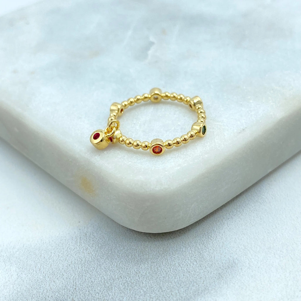 18K Gold Filled Beaded Stackable Ring with Multicolor CZ, Ball Band Ring with Dangling Pink CZ Charm