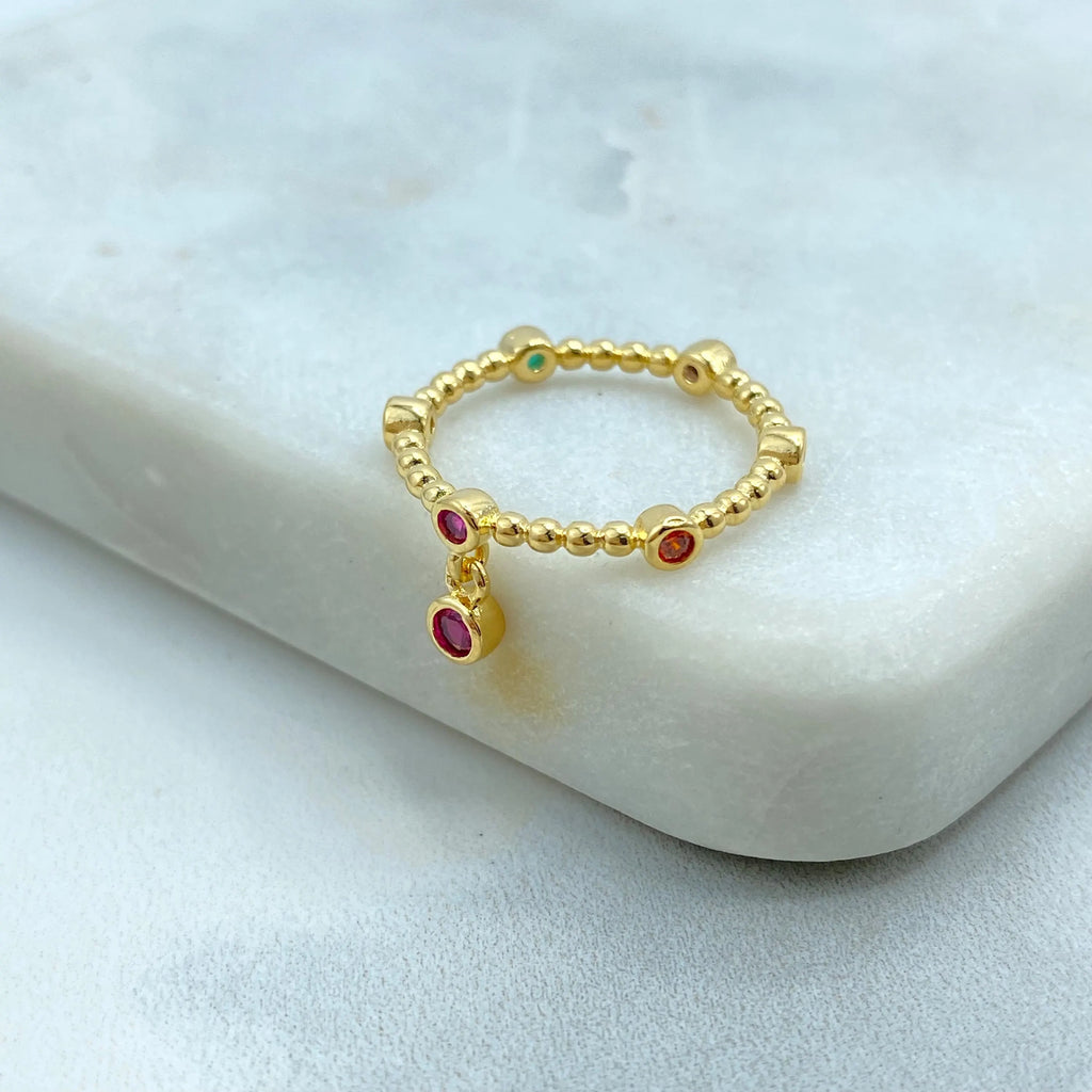 18K Gold Filled Beaded Stackable Ring with Multicolor CZ, Ball Band Ring with Dangling Pink CZ Charm