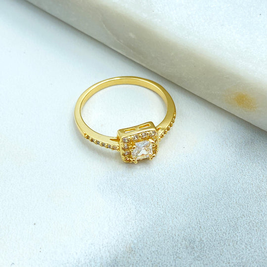 18k Gold Filled Engagement Ring featuring Princess Cut CZ, Halo of pavé stones, with Micro CZ Band