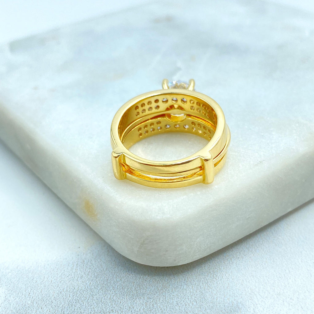 18K Gold Filled Bridal Ring Set, Engagement and Wedding Band Set, with Round Cut Solitaire & Pave CZ