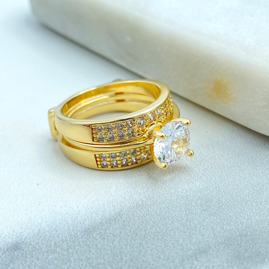 18K Gold Filled Bridal Ring Set, Engagement and Wedding Band Set, with Round Cut Solitaire & Pave CZ