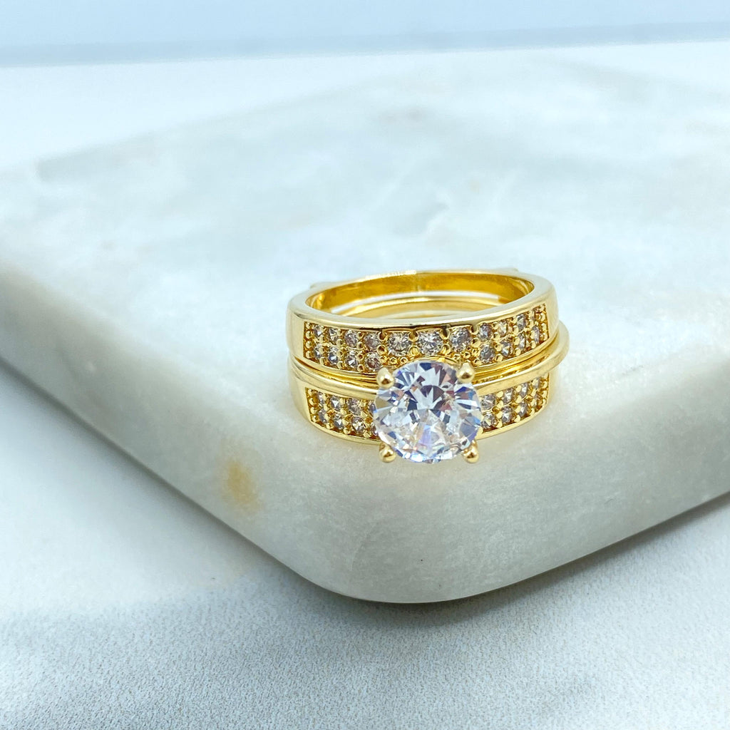 18K Gold Filled Bridal Ring Set, Engagement and Wedding Band Set, with Round Cut Solitaire & Pave CZ