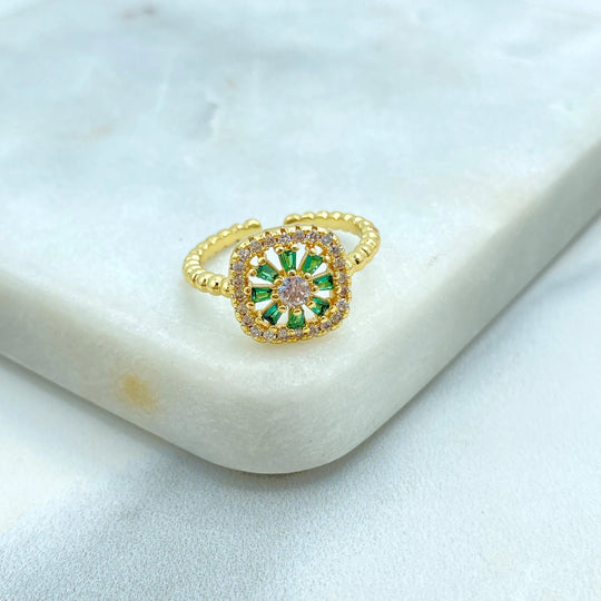18k Gold Filled Pave and Baguette Blossom Flower Daisy Rings, Adjustable Beaded Band Ring, Clear, Green or Pink Baguette