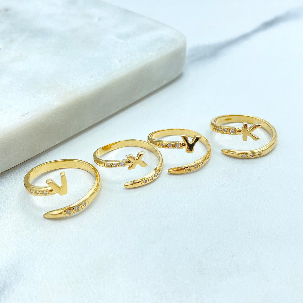 18k Gold Filled Adjustable Initial Ring, Personalized Open Band with CZ Stones, Custom Letter Ring