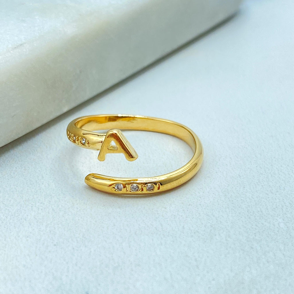 18k Gold Filled Adjustable Initial Ring, Personalized Open Band with CZ Stones, Custom Letter Ring